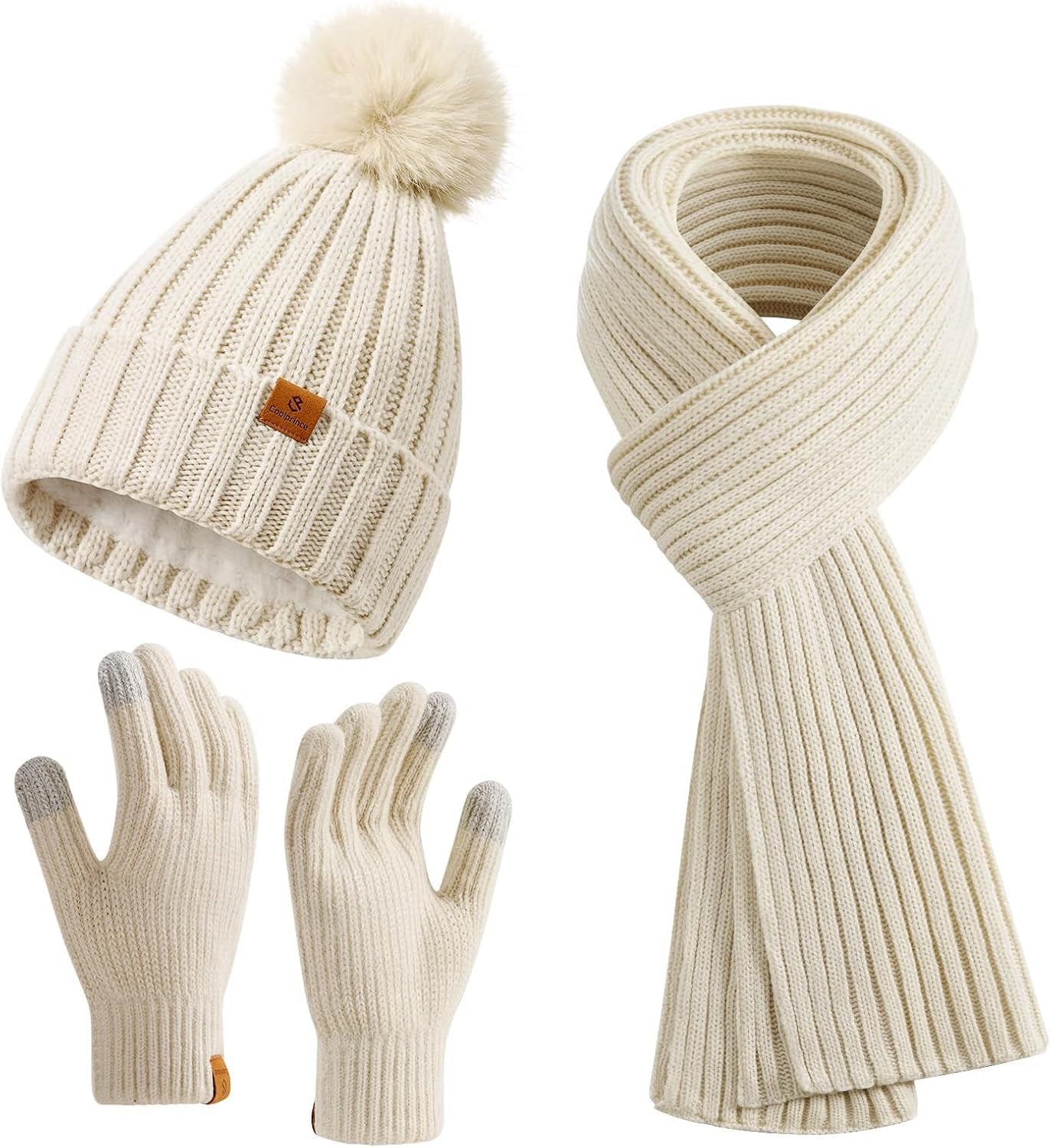 Coolprince Womens Long Scarf Gloves and Hat Set Cold Weather Hat Scarf Glove Set for Women Winter Beanie Hats with Pom Pom