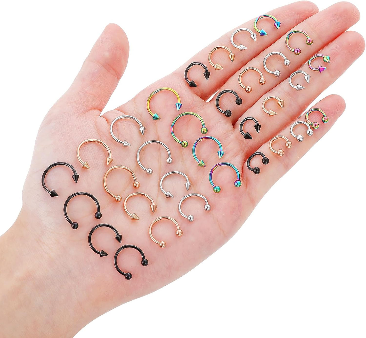 Yolev 32Pcs 18G Horseshoe Piercing for Women Men Variety of Sizes Horseshoe Rings Surgical Steel Nose Septum Horseshoe Hoop Earring Eyebrow Earring Hoop Lip