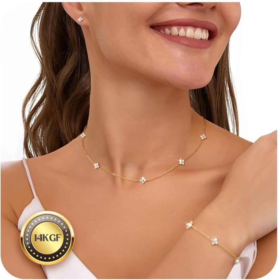 ORAZIO Dainty Silver Gold Jewelry Set for Women Trendy 14K Gold Plated CZ Flowers Pendant Choker Necklaces for Women Stud Earrings Clover Link Bracelets Stack Jewelry Gifts for Wedding Prom Brides
