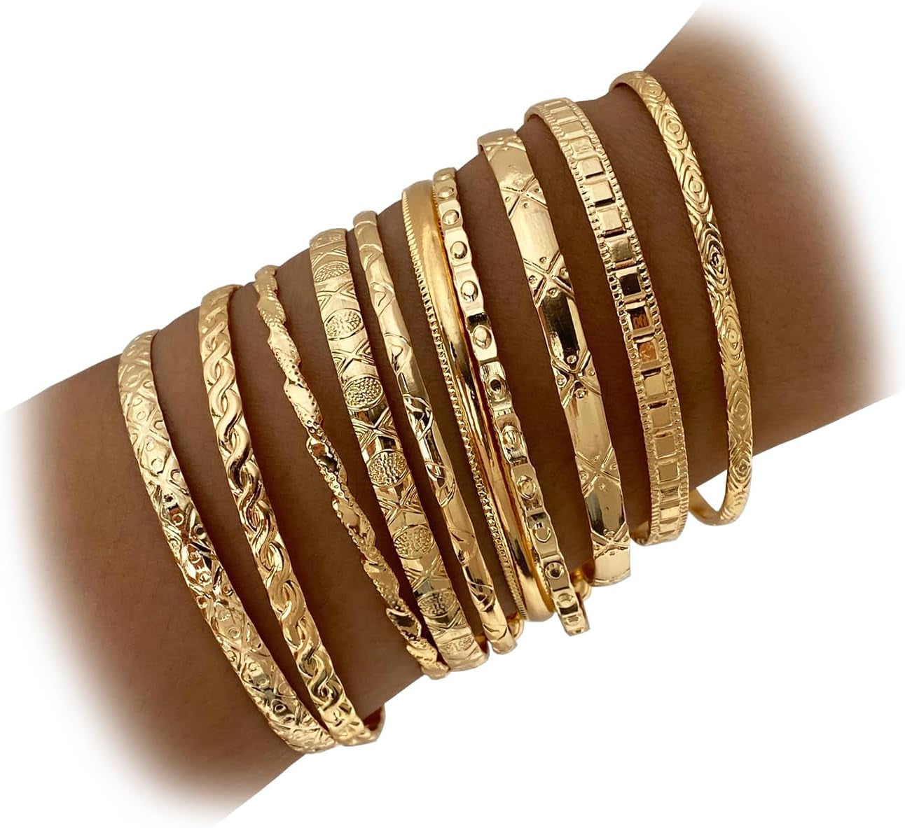 Complete gold bangle bracelet set with multiple stackable pieces