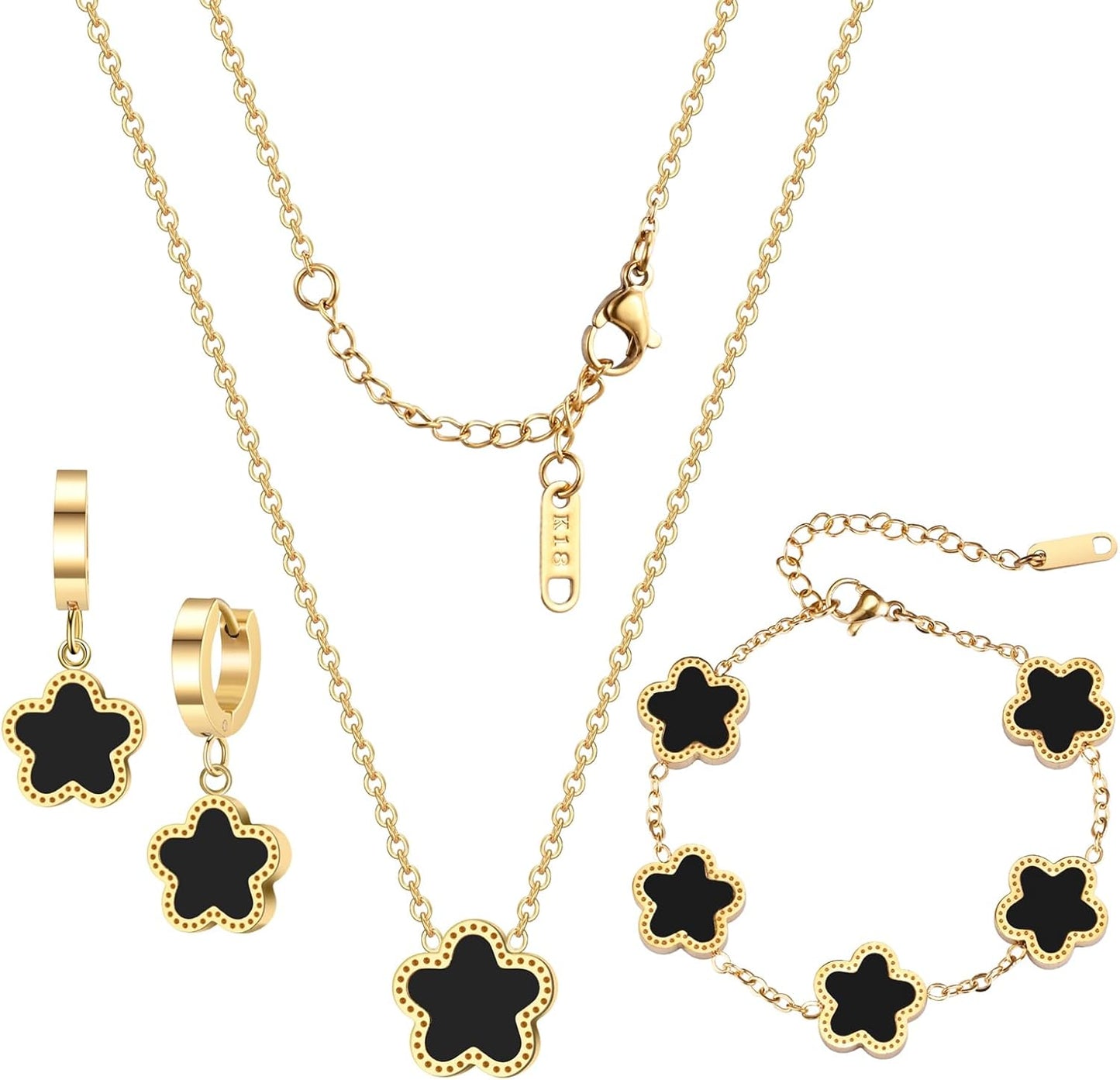 Lucky Clover Jewelry Set 18K Gold Plated Five Leaf Clover Necklace Bracelet Earrings Set Flower Jewelry Sets Birthday Gifts for Women