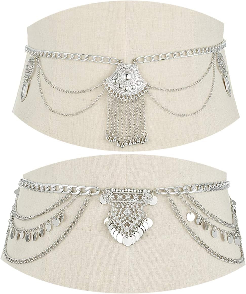 Tornito 2 PCS Waist Belt Chain Vintage Dangle Dancing Tassel Body Chain Bikini Beach Body Jewelry for Women Silver Gold Tone