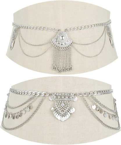 Tornito 2 PCS Waist Belt Chain Vintage Dangle Dancing Tassel Body Chain Bikini Beach Body Jewelry for Women Silver Gold Tone