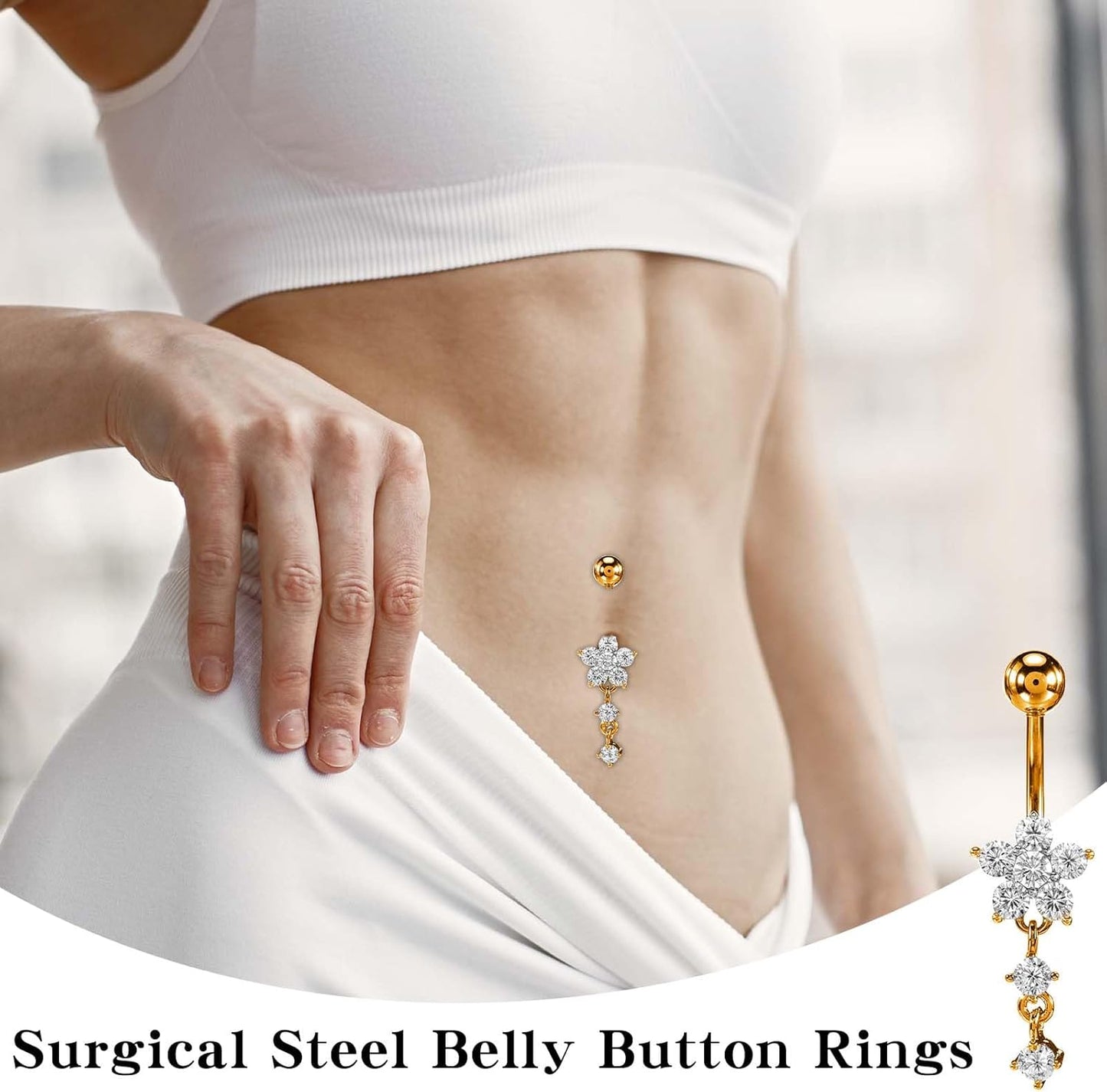 5Pcs Long Belly Button Rings,Stainless Steel Diamond Belly Rings for Women