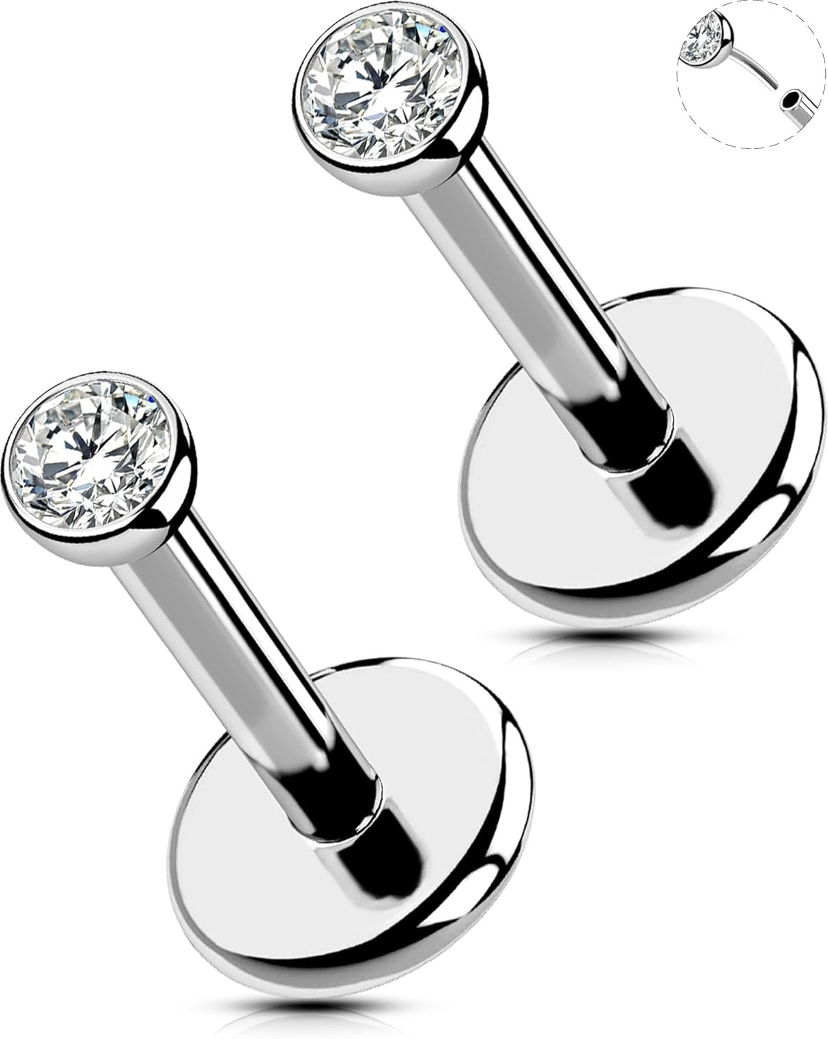 OUFER 2Pcs 20G/18G/16G G23 Titanium Threadless Nose Stud Earrings Flat Back Tiny CZ Small Nose Helix Cartilage Tragus Conch Labret Medusa Monroe Piercing Jewelry for Women Men