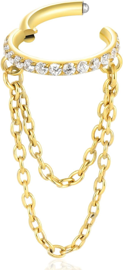 16G Titanium Cartilage Earrings Hoop 7Mm 9Mm Helix Piercing Jewelry with Single/Double/Triple Chains Hypoallergenic Hinged Clicker