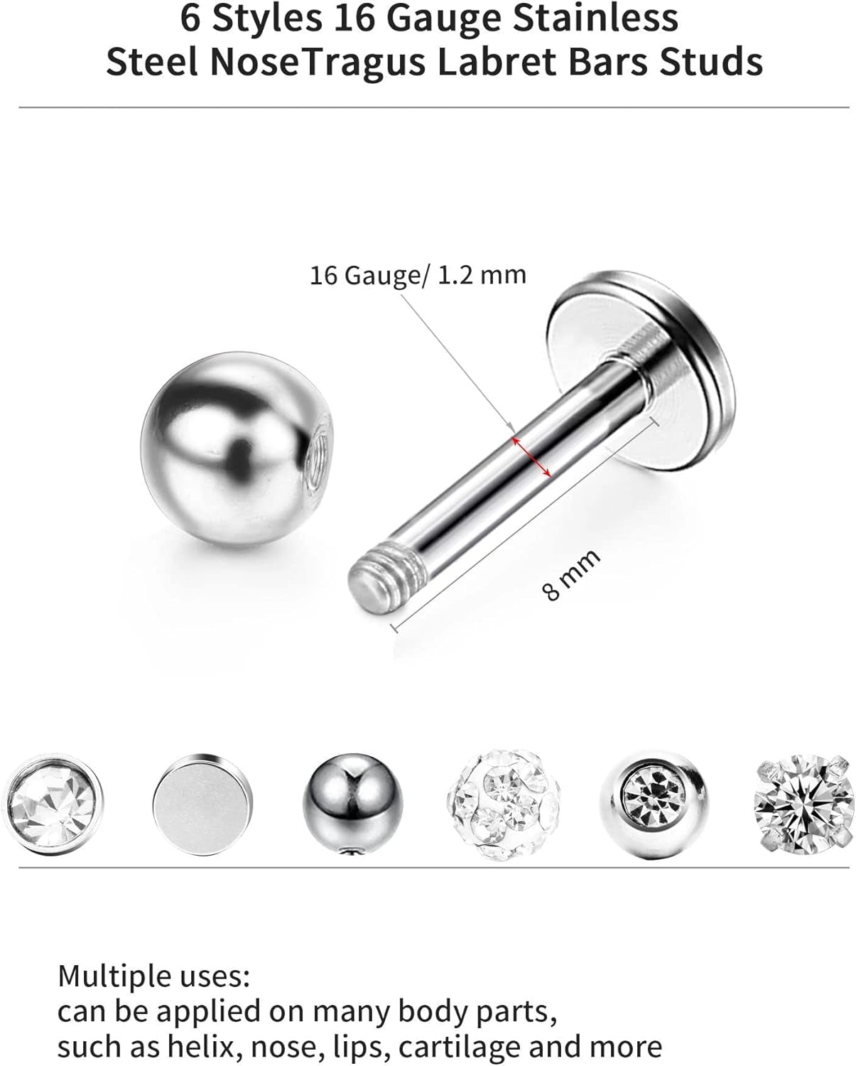 Sumind Nose Studs 16G Tragus Piercing Jewelry Tragus Earrings Lip Rings Diamond Crystal Stainless Steel Labret Bars Body Piercing Jewelry, 6 Designs