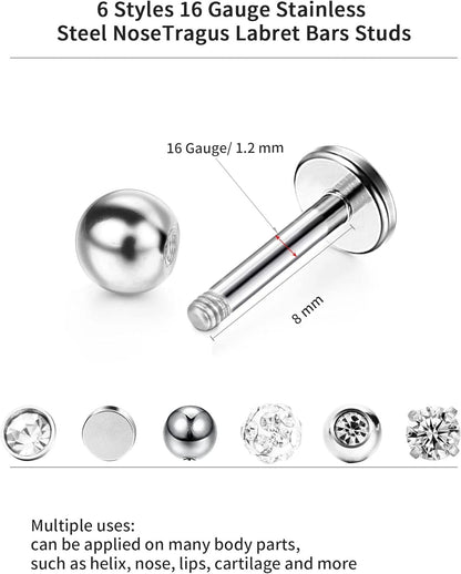 Sumind Nose Studs 16G Tragus Piercing Jewelry Tragus Earrings Lip Rings Diamond Crystal Stainless Steel Labret Bars Body Piercing Jewelry, 6 Designs