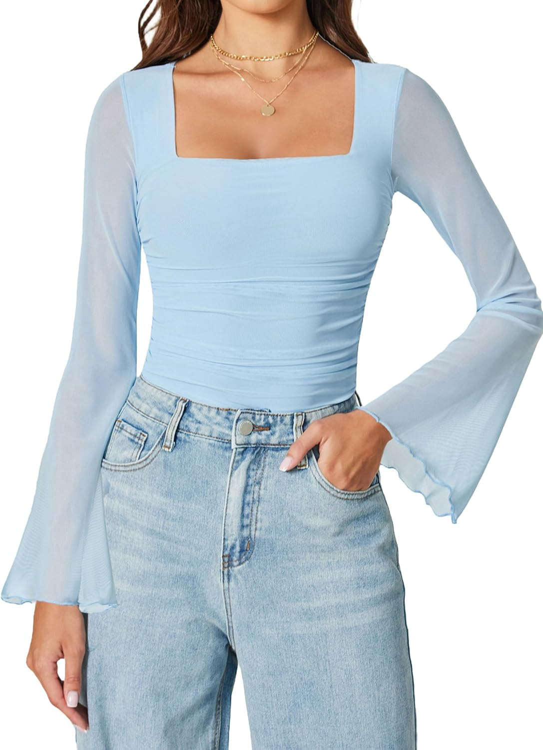 Avidlove Bodysuits for Women Long Bell Sleeve Mesh Square Neck Body Suits Going Out Tops Country Concert Outfits