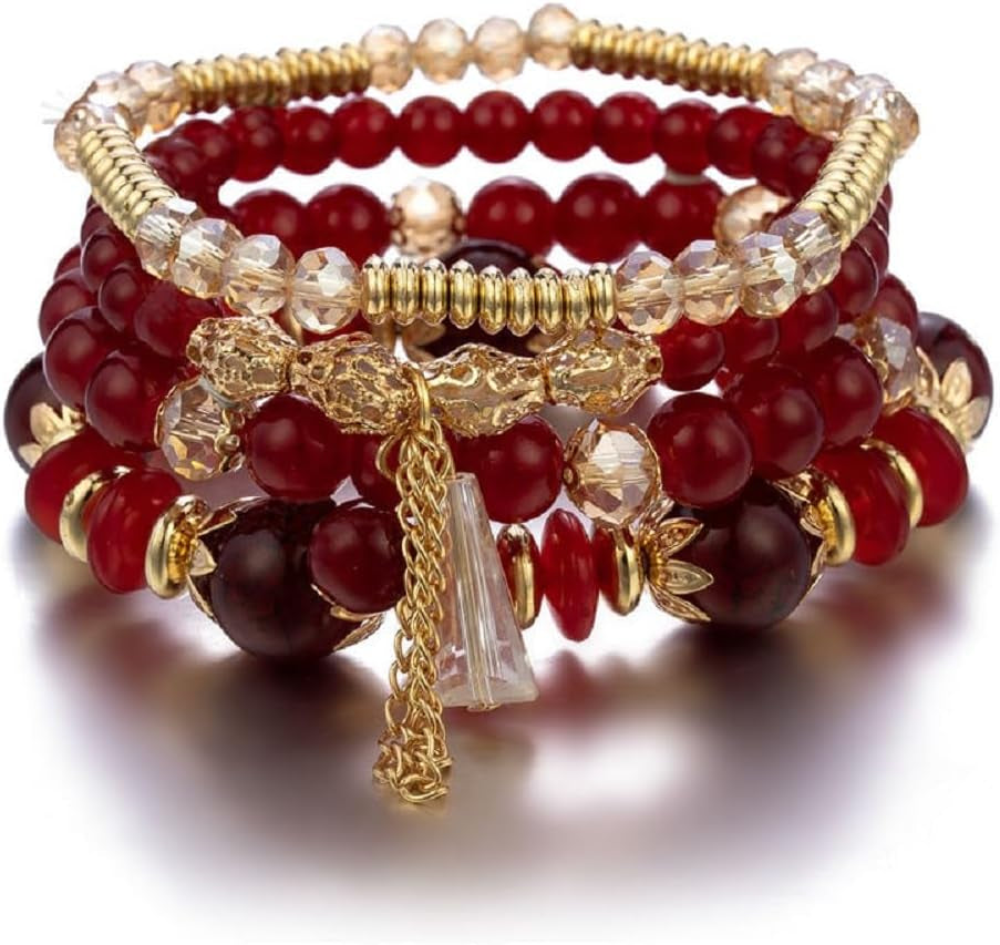 Bohemian Stackable Bracelets for Women Gold Beaded Stretch Charm Bracelets Set Crystal Elastic Multilayer Colorful Charm Bangles Bracelets Summer Beach Multicolor Statement Jewelry