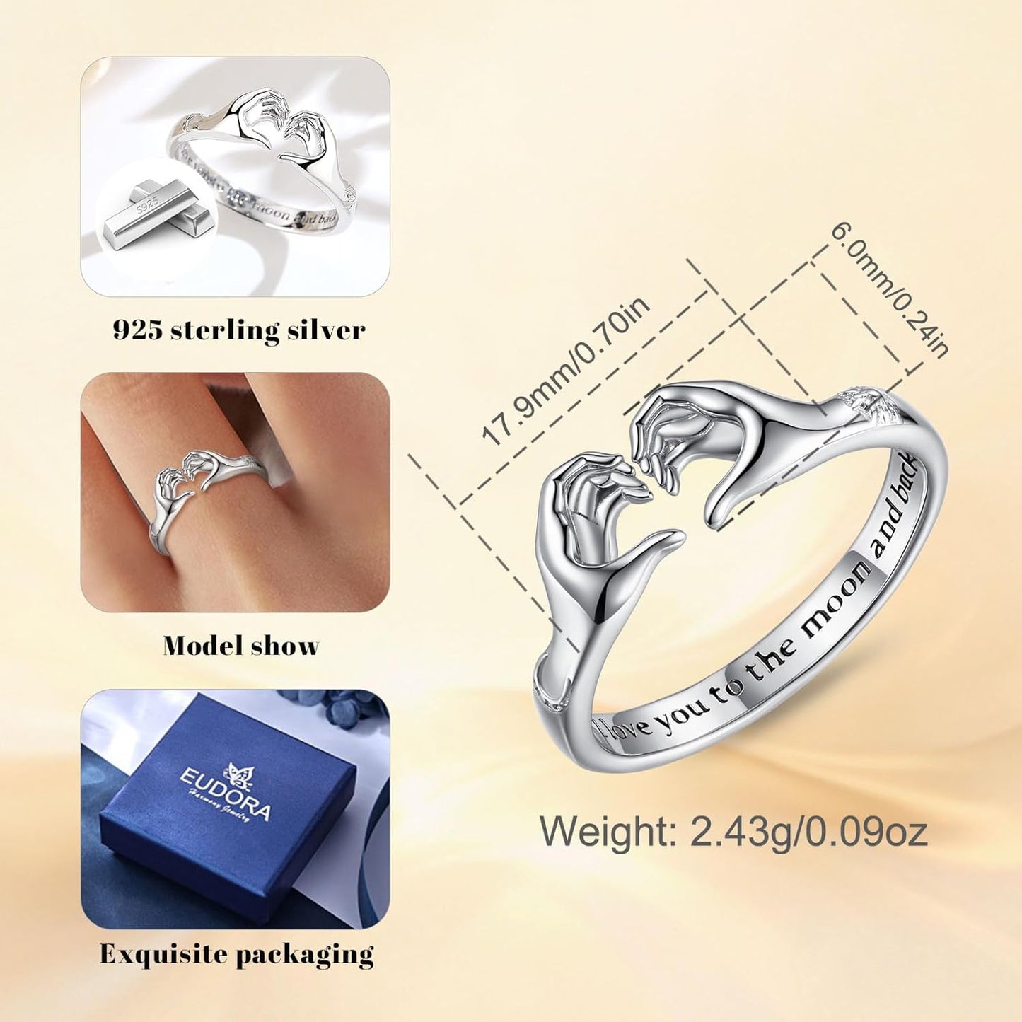 Adjustable open ring band showing how heart hug design hugs the finger