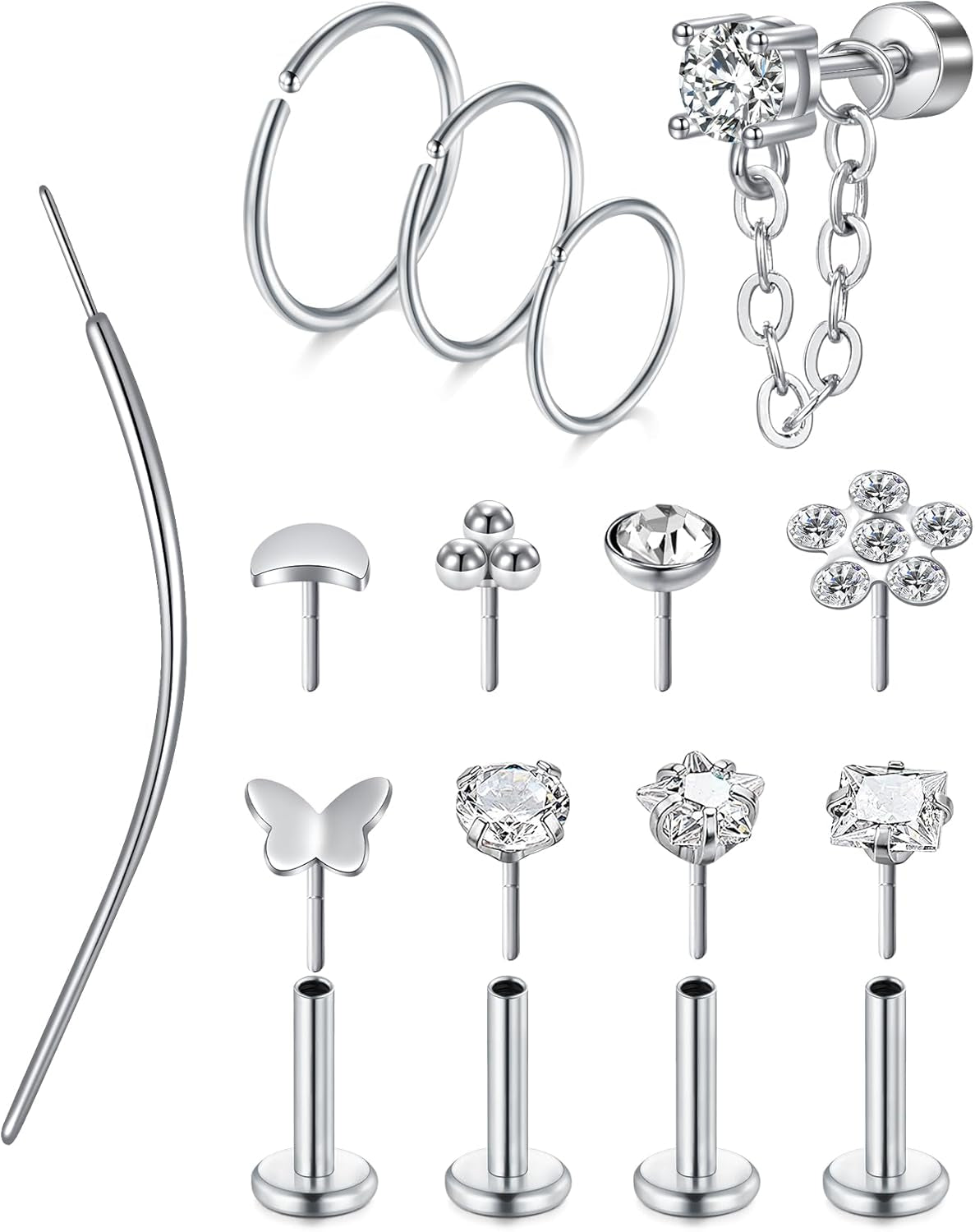 MODRSA 20G 16G Cartilage Earrings for Women Silver Gold Helix Piercing Jewelry Surgical Steel Hypoallergenic Flat Back Earrings Cartilage Hoop for Women Forward Helix Earring Tragus Jewelry Screw Back