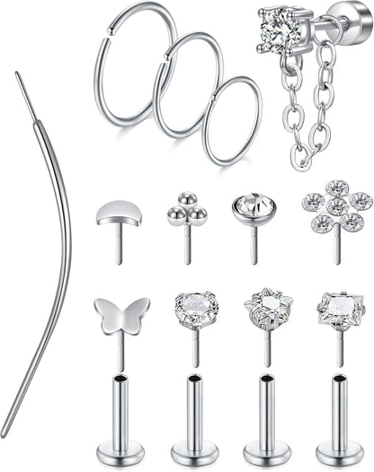 MODRSA 20G 16G Cartilage Earrings for Women Silver Gold Helix Piercing Jewelry Surgical Steel Hypoallergenic Flat Back Earrings Cartilage Hoop for Women Forward Helix Earring Tragus Jewelry Screw Back