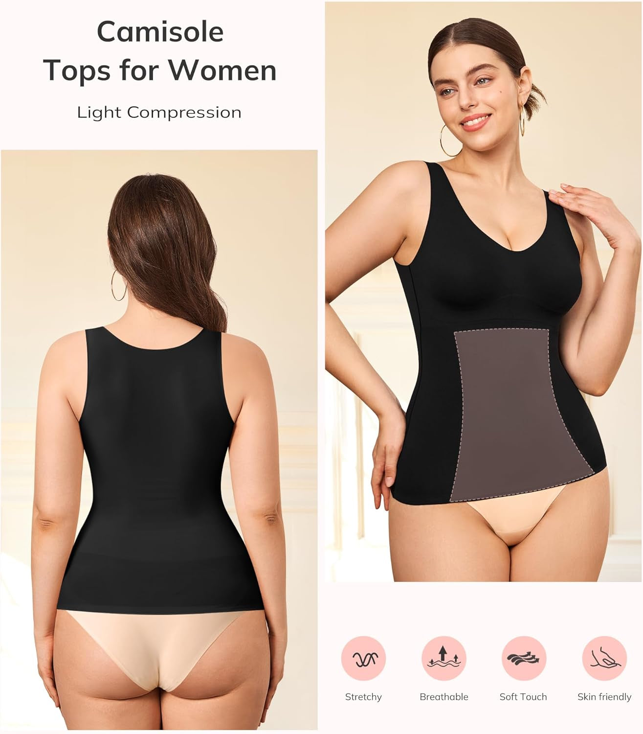 Women's shapewear tank top worn under casual clothing layer