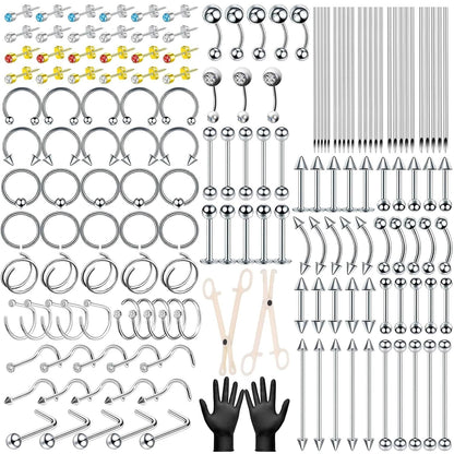 104PCS Body Septum Piercing Kit with 14G/16G/20G Piercing Needles Piercing Jewelry and Tool Set for Ear Nose Belly Button Nipple Lip Cartilage Eyebrow Tongue Navel Piercing Kit for All Piercings