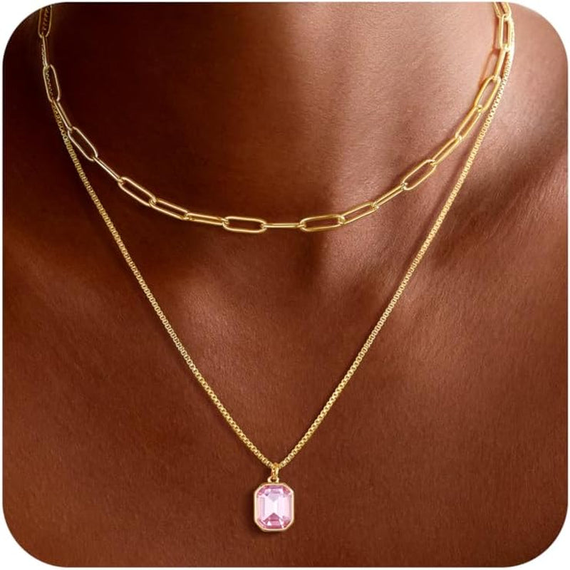 Christmas Gifts for Women Teen Girls - Birthstone Necklace for Women Girls Dainty Layered Gold Necklace for Women with 12 Month Rectangle Birthstone Pendant Paperclip Box Chain Choker Necklace