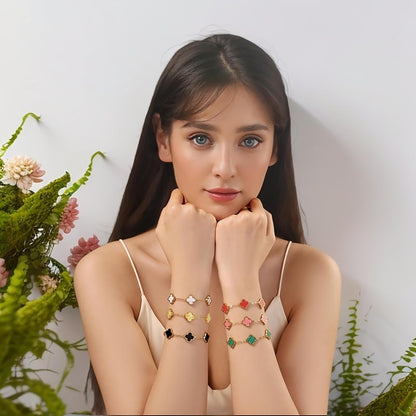 (Sturdy Version) 18K Gold Plated Bracelets for Women Men (Double Sided) Four Leaf Clover Cute Trendy Lucky Braclet (Adjustable) Fit Wrist within 8 Inch, Gold White Black Green Blue Red Pink