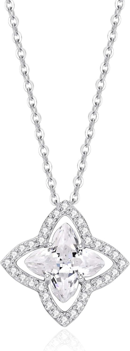 SUNFEEL Four Leaf Clover Necklace for Women, S925 Sterling Silver Cubic Zirconia Pendant Necklace Dainty Charm Adjustable Chain Lucky Necklaces for Women Jewelry Gift