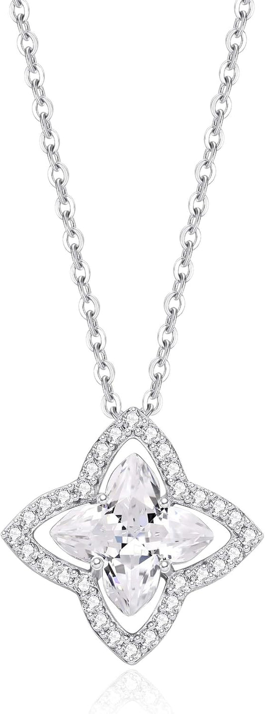 SUNFEEL Four Leaf Clover Necklace for Women, S925 Sterling Silver Cubic Zirconia Pendant Necklace Dainty Charm Adjustable Chain Lucky Necklaces for Women Jewelry Gift