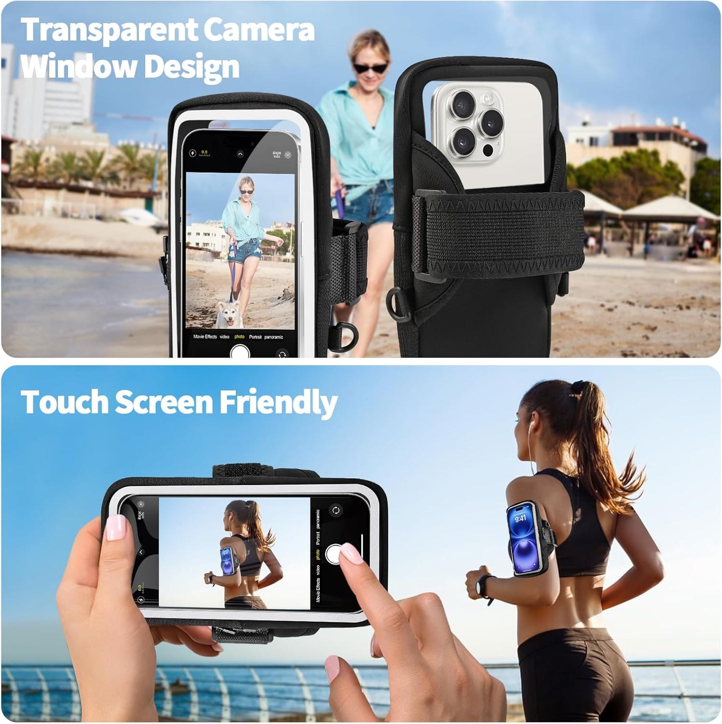 iPhone 16 Pro Max secured in clear cell phone armband pouch