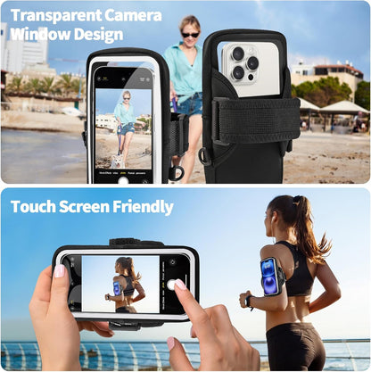 iPhone 16 Pro Max secured in clear cell phone armband pouch