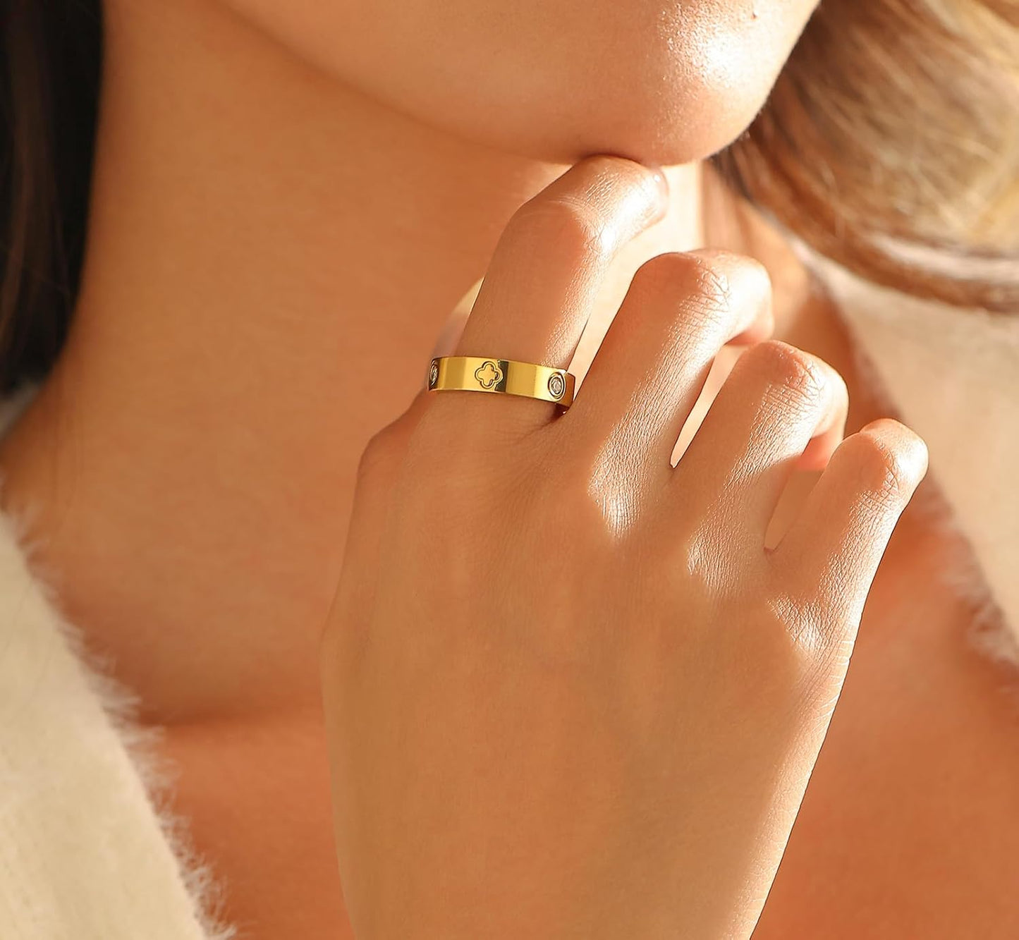 18K Gold Plated Wedding Rings for Women, Cubic Zirconia Clover Promise Ring, Stainless Steel Band Size 5-12, Elegant Jewelry Gifts