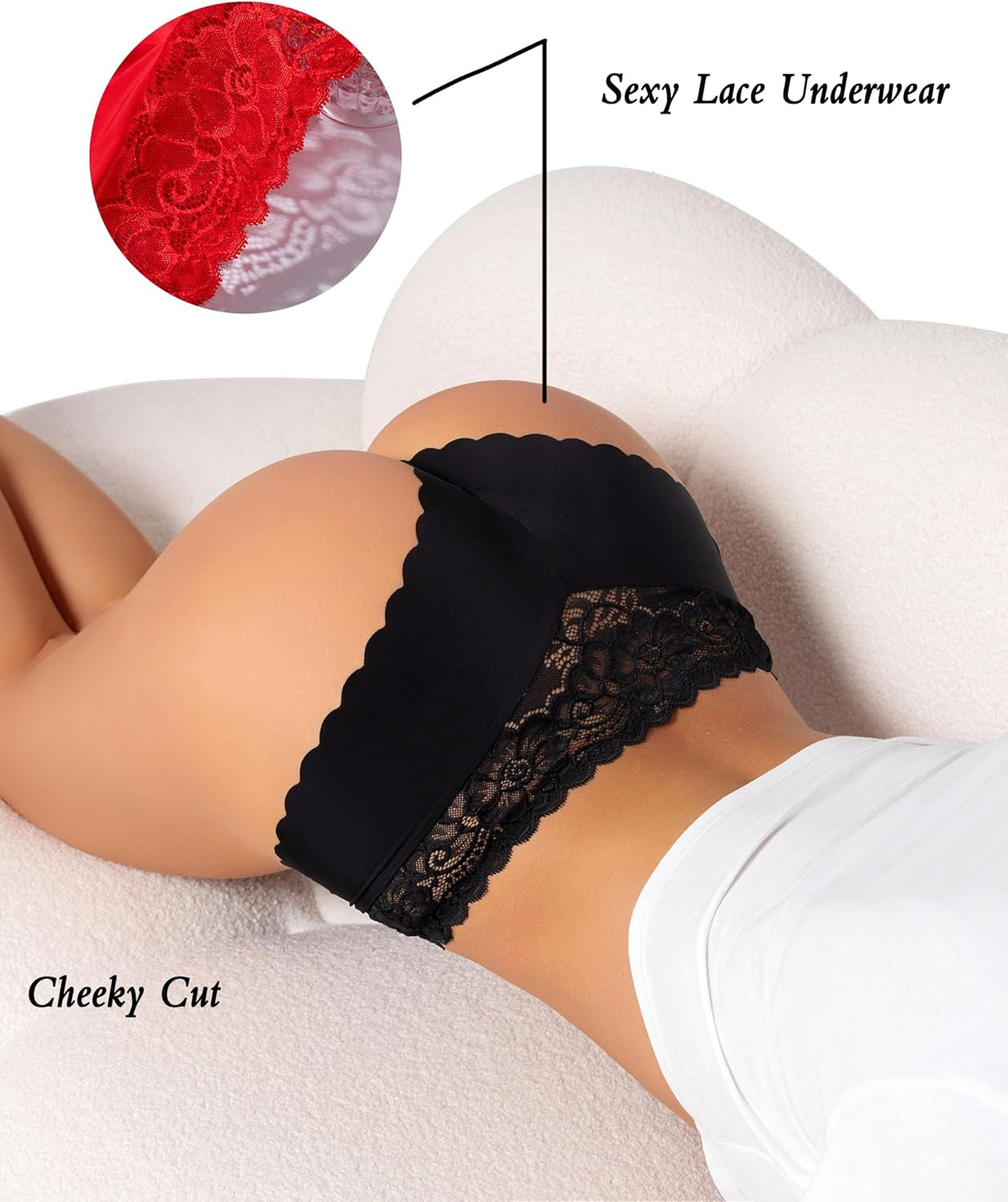 Sexy lace cheeky underwear set laid flat in multiple colors