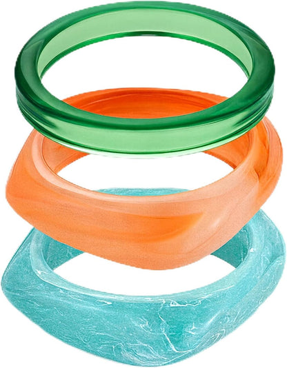 Set of Chunky Acrylic Resin Bangle Bracelets for Women, Retro Brown and Colorful Stackable Bangles, Statement Jewelry Gift