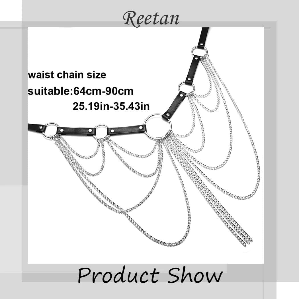 REETAN Rave Waist Chain Belt Punk Black Leather Body Accessories for Women