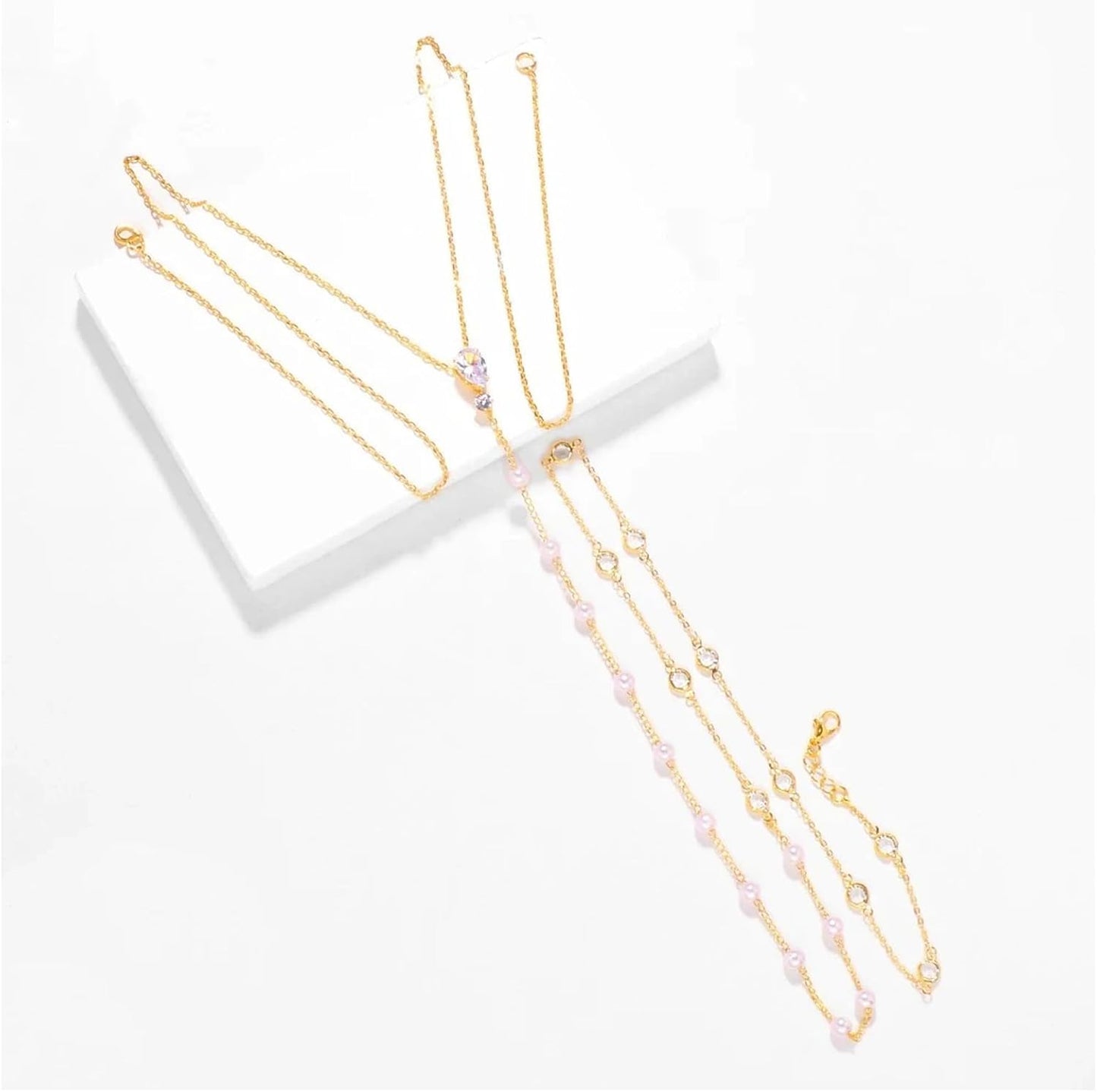 Rhinestone Back Necklace for Backless Dress - Bridal Wedding Pearl Backdrop Jewelry Crystal Long Body Chain Simple Waist Chain for Women