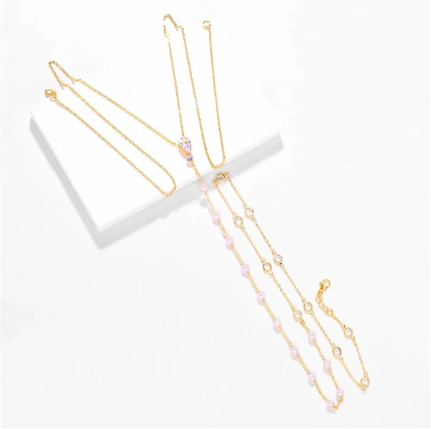 Rhinestone Back Necklace for Backless Dress - Bridal Wedding Pearl Backdrop Jewelry Crystal Long Body Chain Simple Waist Chain for Women