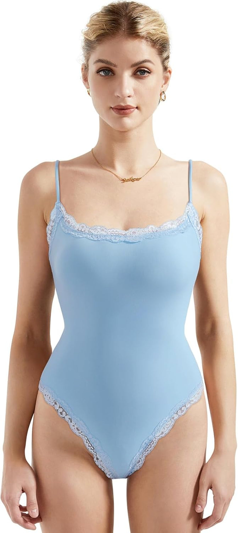 SUUKSESS Women Square Neck Lace Bodysuit Sleeveless Spaghetti Strap Tank Top