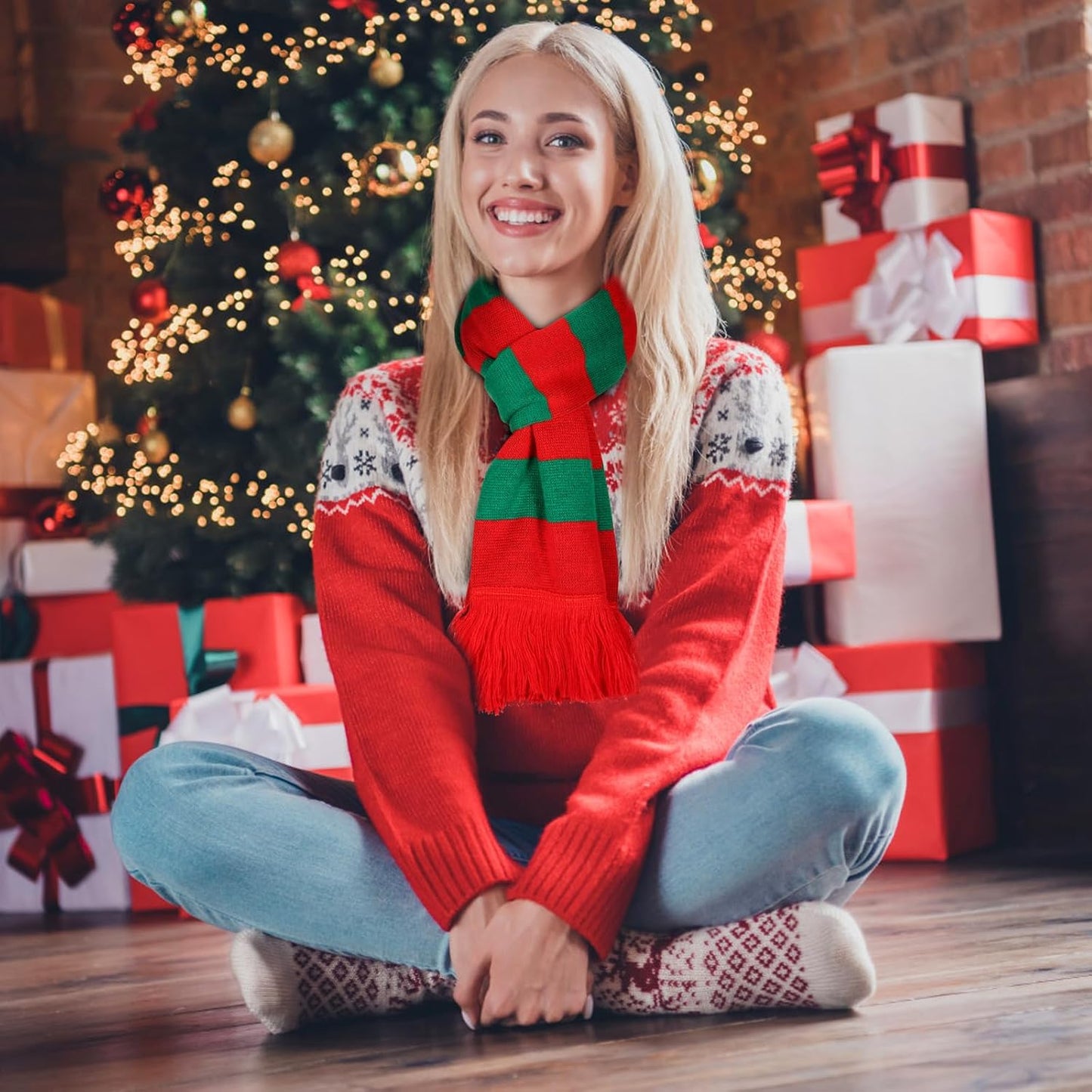 6 Pcs Christmas Scarf Bulk for Women Men Winter Snowflake Warm Knitted Large Scarf Long Shawl for Christmas Holiday