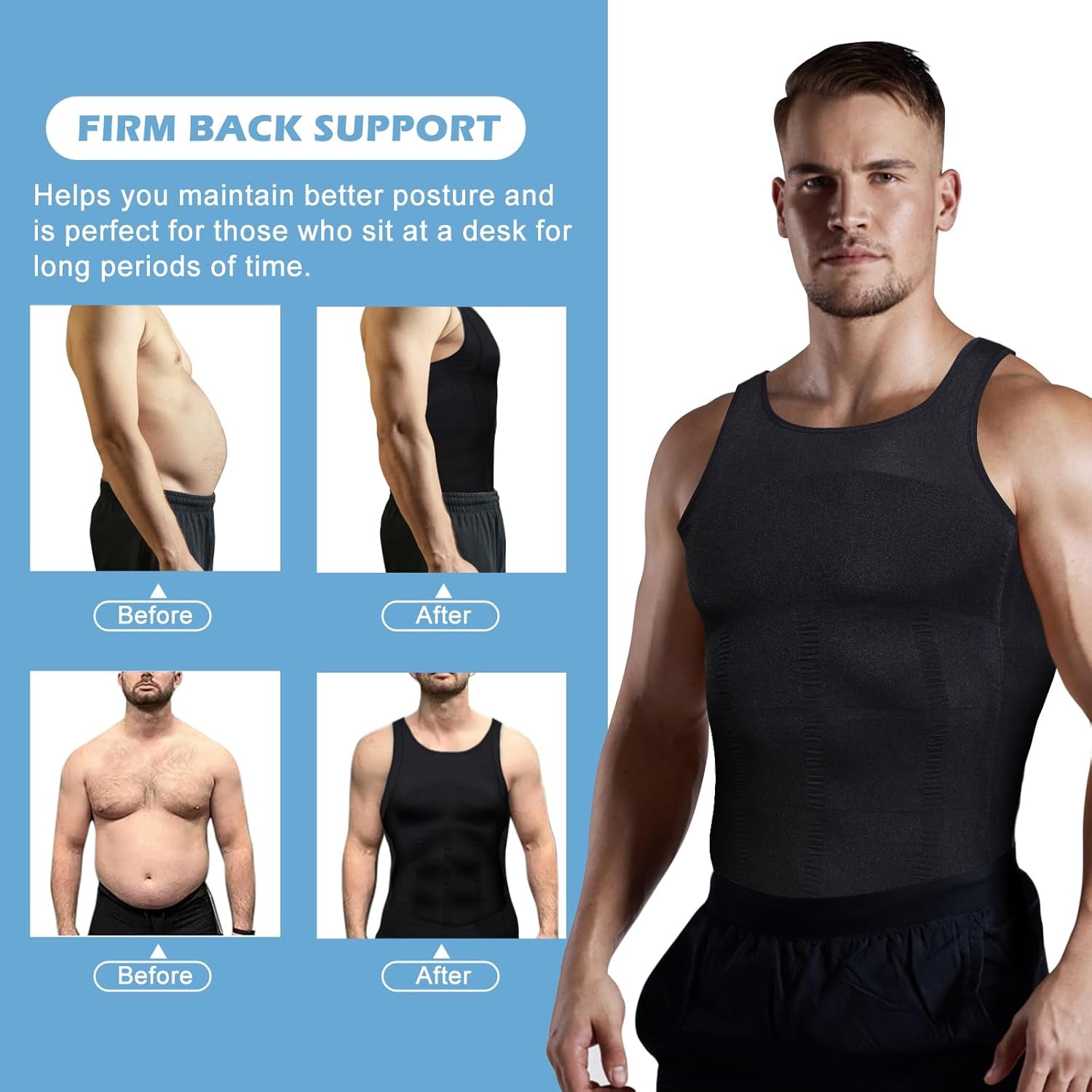 Back view of men's compression undershirt with tummy control technology