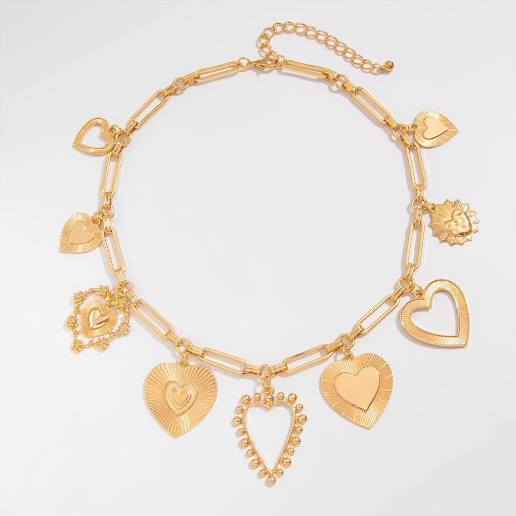 YOOESTORES82 Chunky Heart Pendant Charm Statement Necklace Gold Tone Layered Link Chain Necklaces for Women Romantic Trendy Jewelry Party Gift Glamorous Versatile