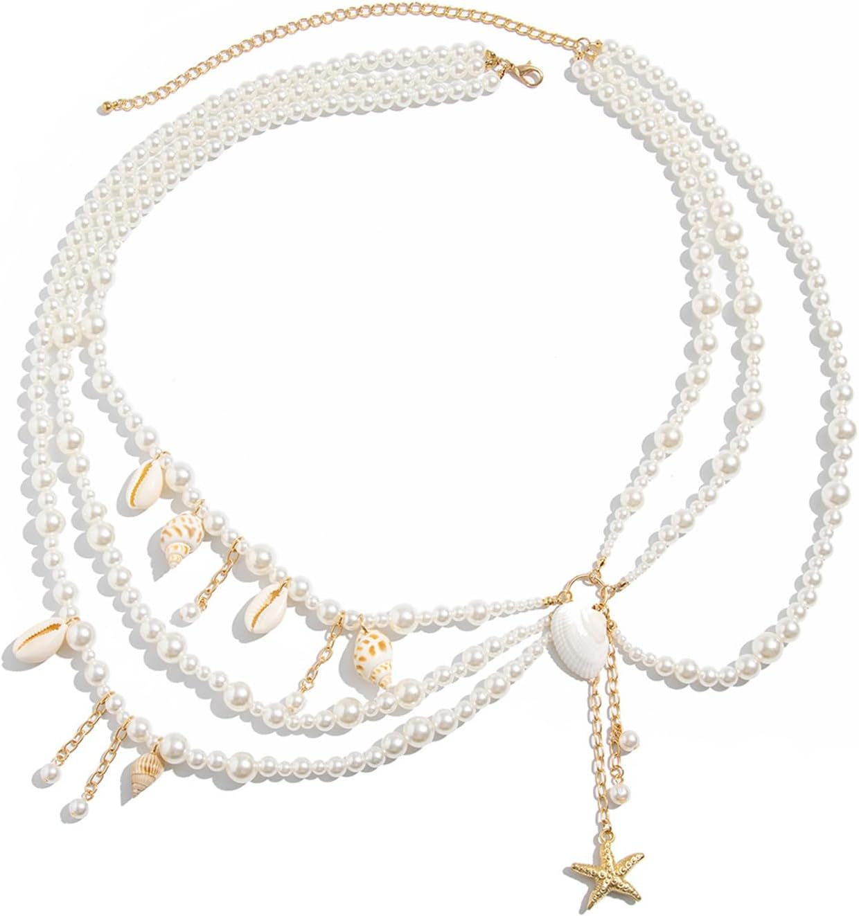 Summer Beach Shell Conch Pendant Waist Chain Belt Festival Rave Pearl Waist Body Chain Multi-Layered Pearl Belly Chain Jewelry Outfit Dress Body Jewelry for Women