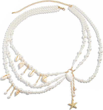 Summer Beach Shell Conch Pendant Waist Chain Belt Festival Rave Pearl Waist Body Chain Multi-Layered Pearl Belly Chain Jewelry Outfit Dress Body Jewelry for Women