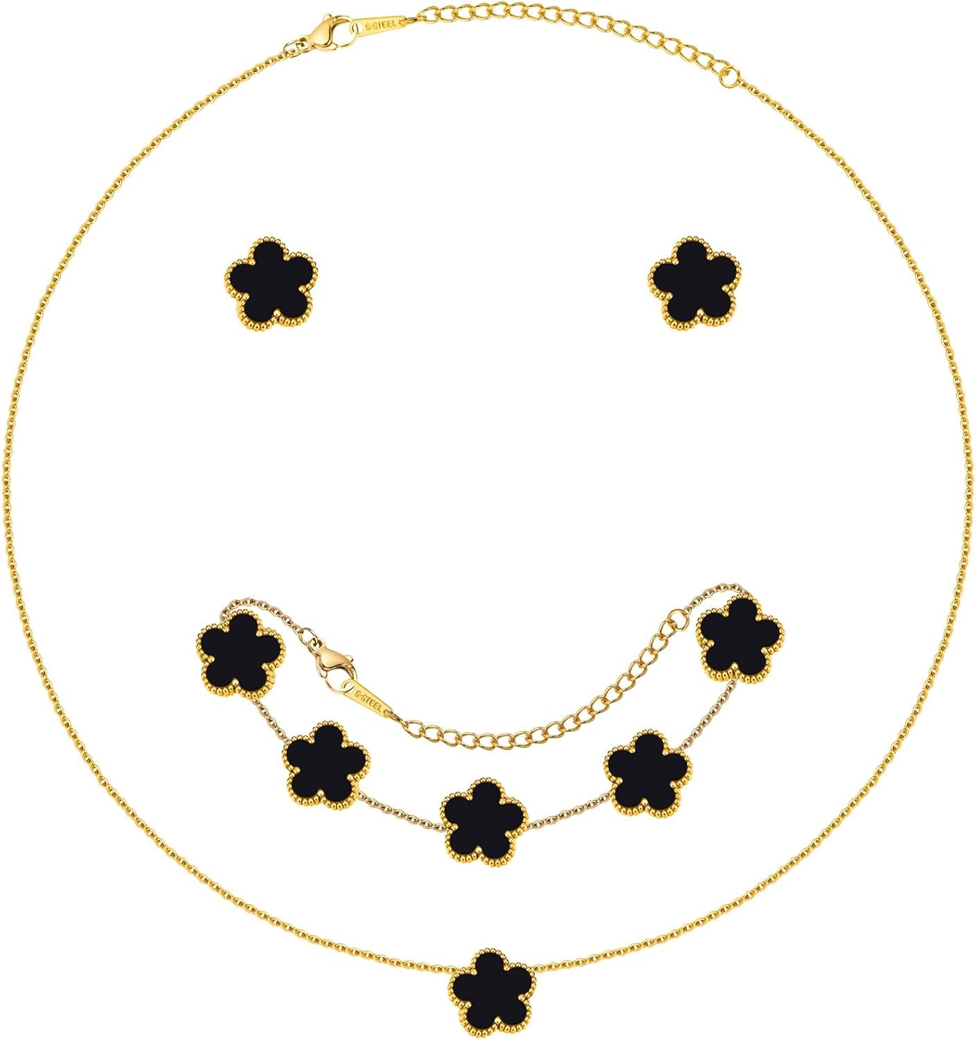 Gold Necklaces Bracelets Earring Set - 18K Gold Plated Flower Bracelet ,Stainless Steel Non Tarnish Floral Pendant Stud Jewelry Sets,Christmas Birthday Lucky Gift for Her Mom Wife Daughter Girlfriend