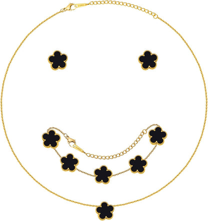 Gold Necklaces Bracelets Earring Set - 18K Gold Plated Flower Bracelet ,Stainless Steel Non Tarnish Floral Pendant Stud Jewelry Sets,Christmas Birthday Lucky Gift for Her Mom Wife Daughter Girlfriend