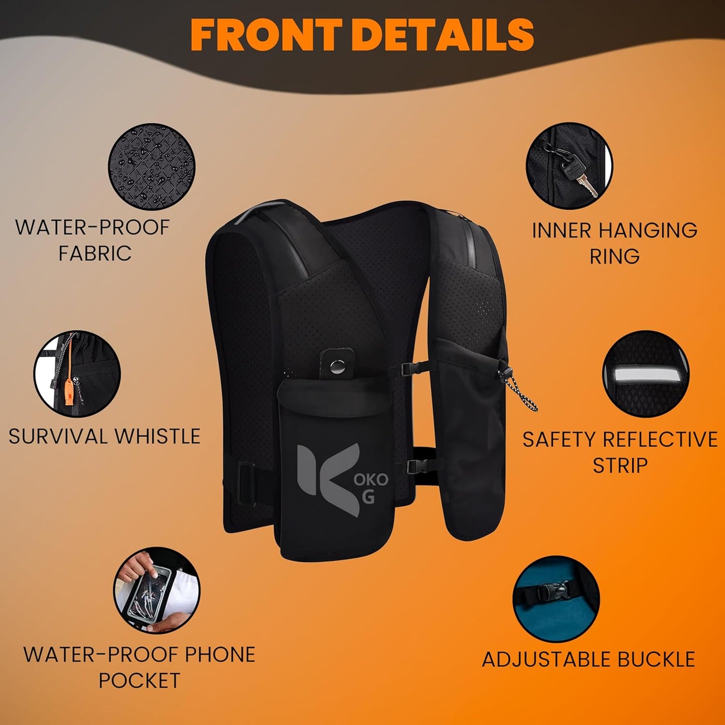 Close-up of water bottle holder and mesh ventilation on running vest