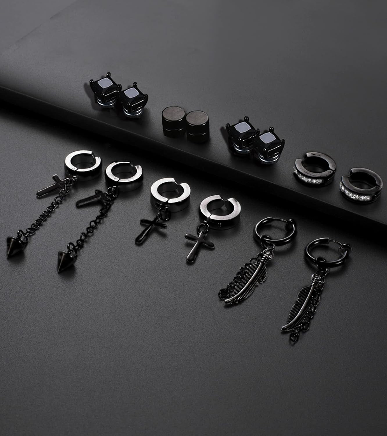 12 Pairs Magnetic Stud Earrings Stainless Steel CZ Hoop Punk Feather Dangle Hinged Non-Piercing Earrings Clip on Magnet Earring Set for Women Men Silver Plated