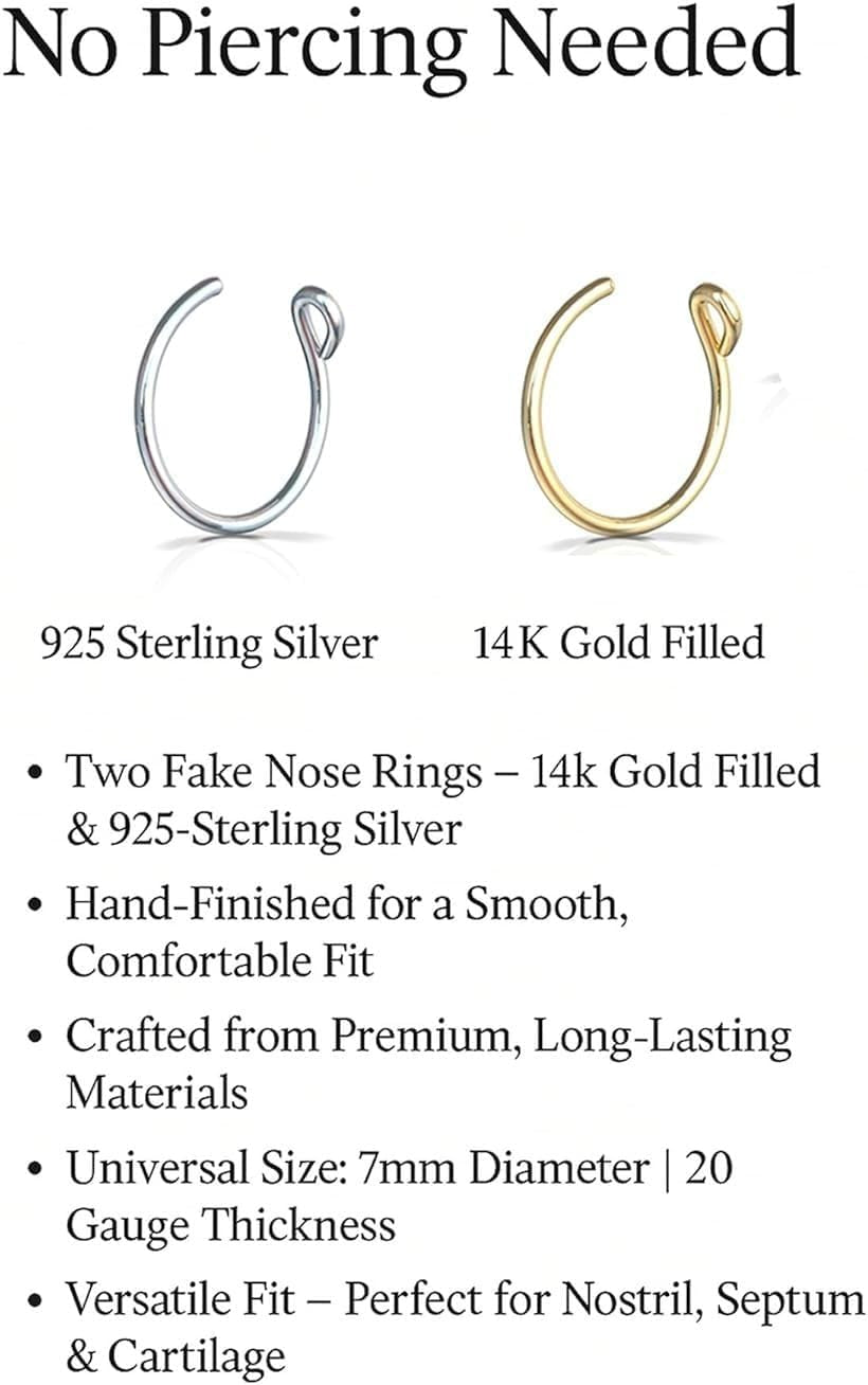 Fake Nose Rings for Women - Set of 2 Tiny Thin 20 Gauge 7Mm Faux Nose Piercing Hoops - Handmade 925 Sterling Silver 14K Gold Filled Clip on Nose Jewelry - No Piercing Needed - Gift Ready