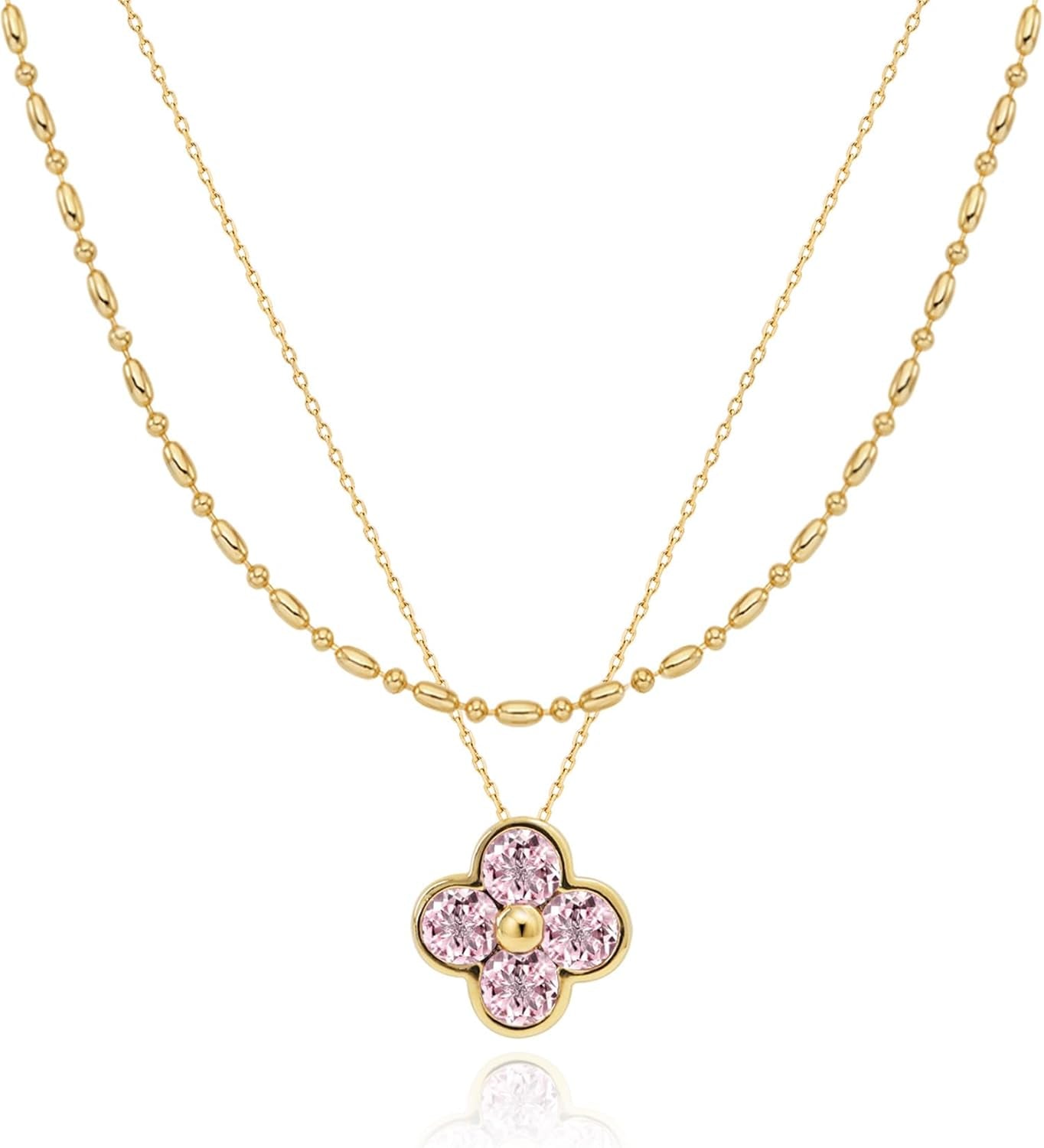 Layered Necklace for Women, 2 Strand Stainless Steel Chains with Clover, Butterfly or Heart Pendant, Dainty Fashion Jewelry Gift