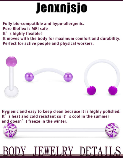 Jenxnjsjo Clear/Pink/Purple Lip Septum Rings Eyebrow Industrial Smiley Piercing Jewelry Plastic Cartilage Helix Tragus Daith Earrings Vertical Labret Medusa Retainers Kits for Surgery Work Sports