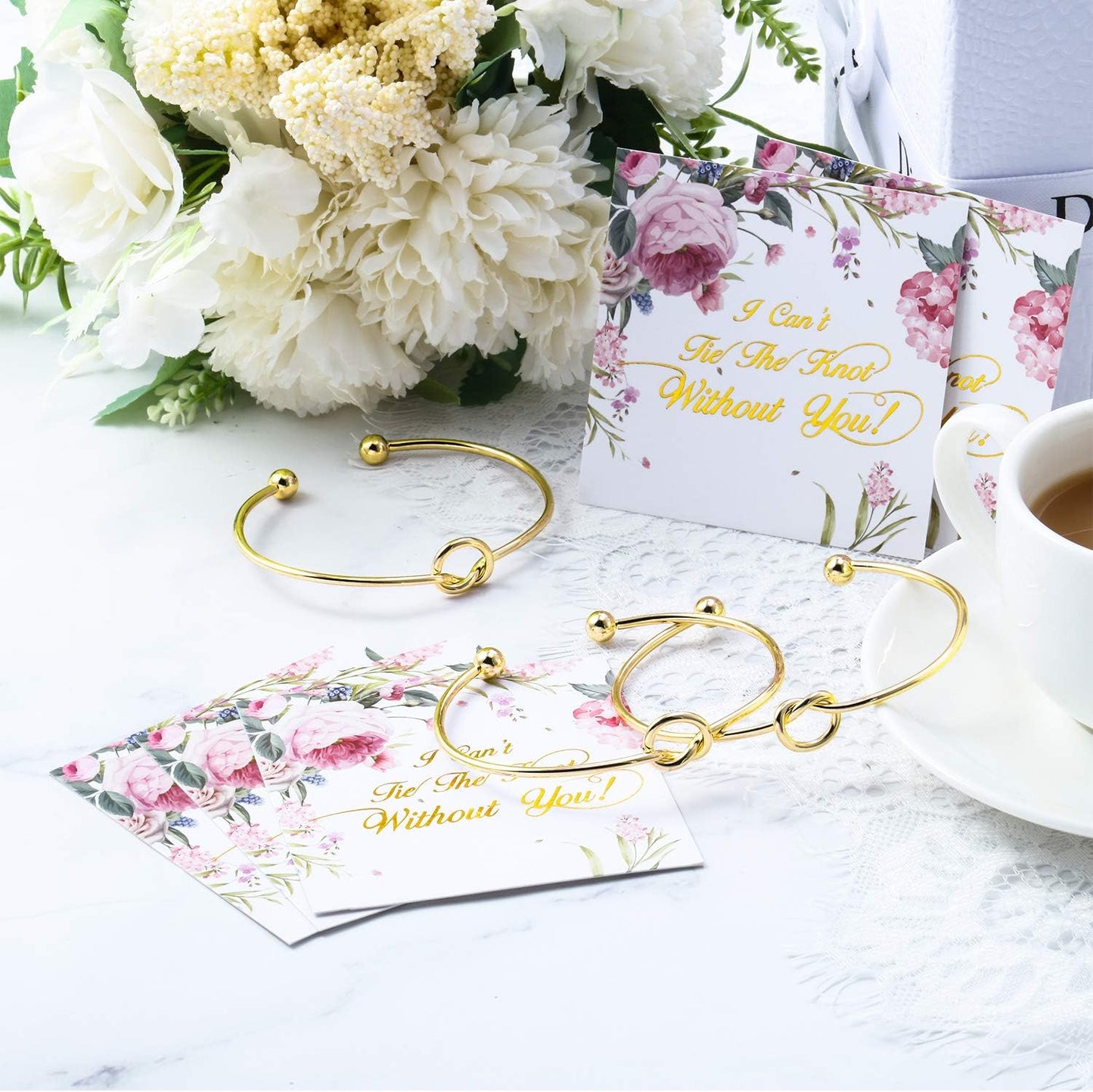 Hicarer 10 Pcs Knot Bracelet for Bridesmaid Proposal Gifts, Tie the Love Knot Bridesmaid Bracelet for Women Wedding Proposal Cuff Bangle with Cards(Gold)