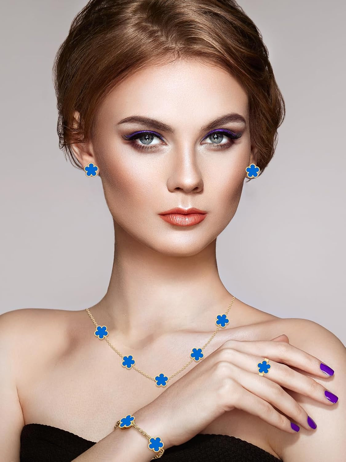 Gold Plated Five Leaf Clover Necklace Bracelet Rings and Stud Earrings Set for Women Lucky Flower Jewelry