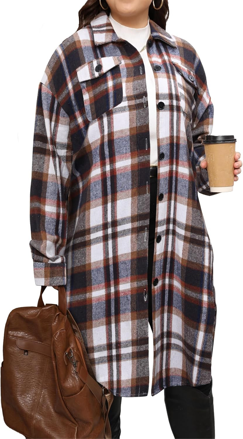Oversized plaid shacket showing comfortable relaxed silhouette