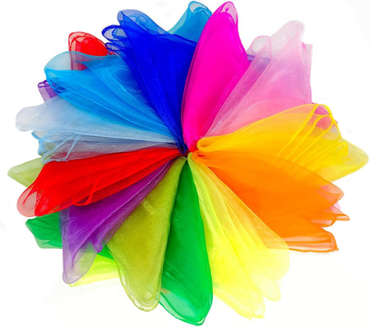Juggling Scarves, 12 PCS Dance Scarves for Kids Play Silk Scarve for Toddlers Children Movement Music Scarf Magic Tricks Performance Props Accessories Rhythm Band Scarfs 12Colors 24 Inches