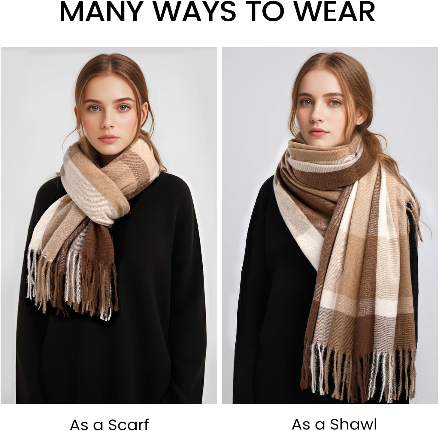 Trifabricy Winter Scarfs for Women, Long Blanket Scarf, Cashmere Feel Plaid Scarf, Winter Pashmina Shawls and Wraps