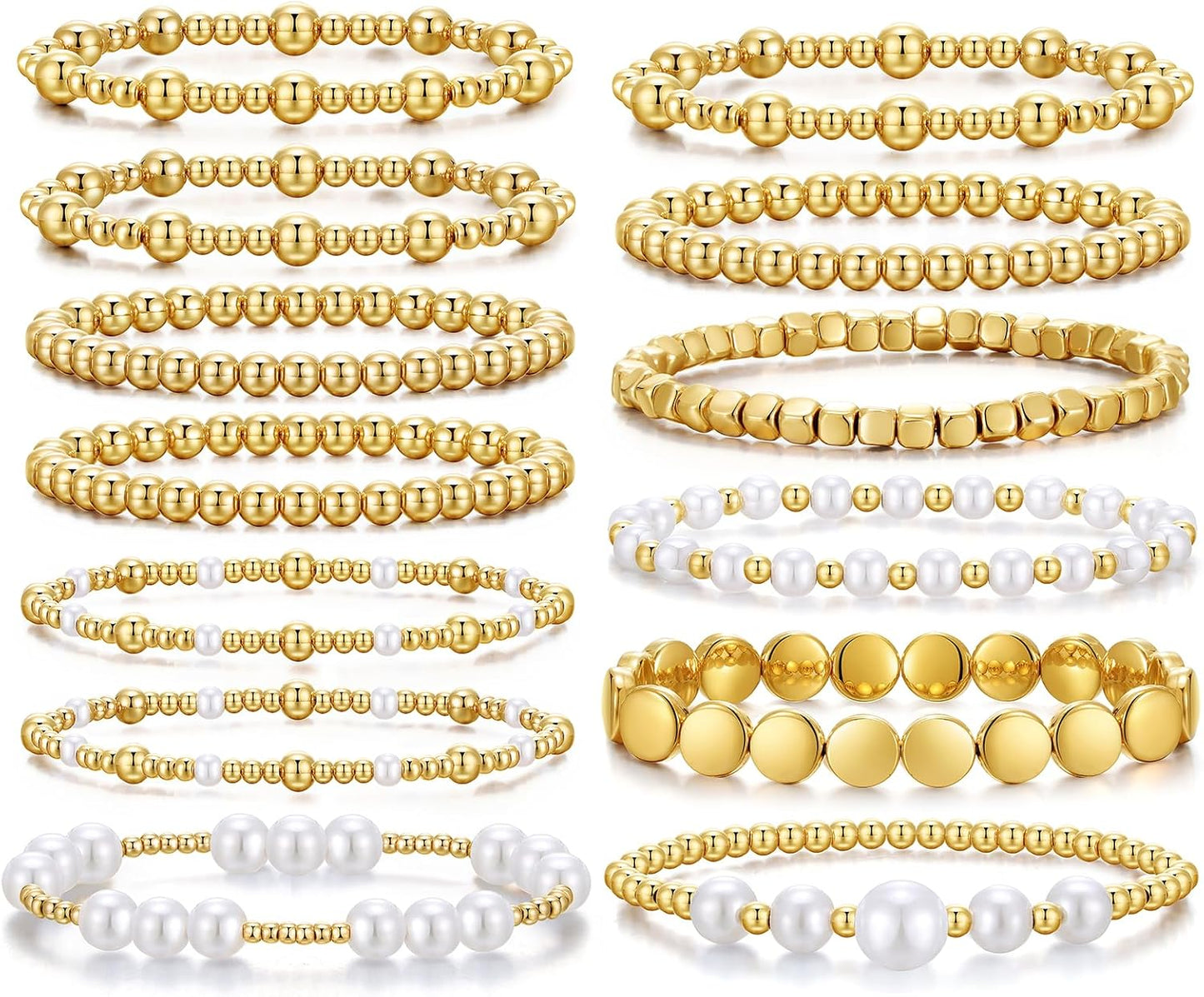 KISS WIFE Gold Bracelets for Women Gold Bracelet Stack Pearl Beaded Bracelets for Women Strand Bead Ball Stretchable Elastic Bracelet Set Adjustable Fashion Accessories Jewelry for Gifts